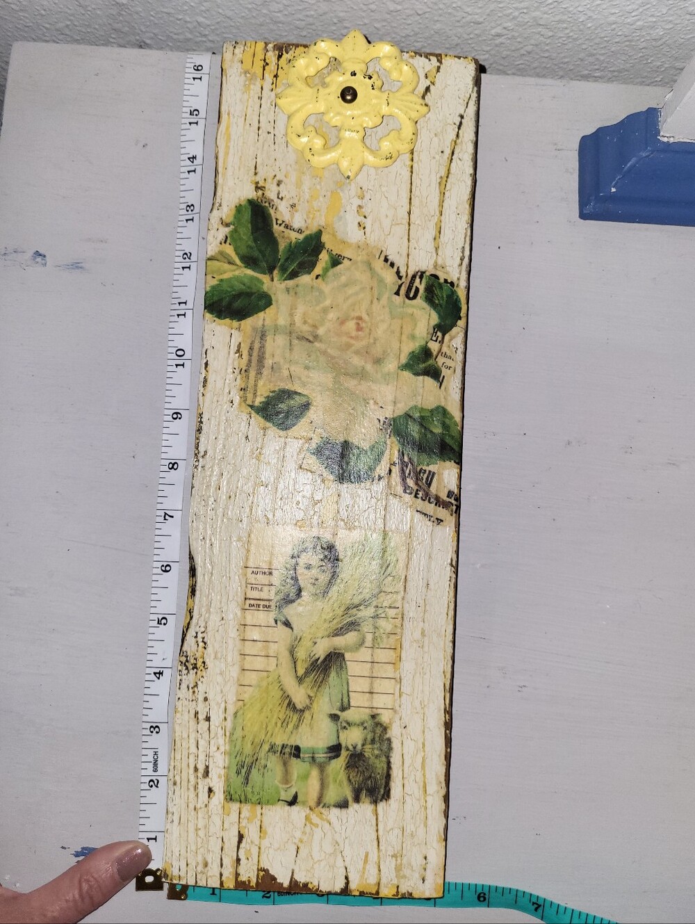 Shabby Chic Floral Barn Wood Wall Plaque with Yellow Iron Accent